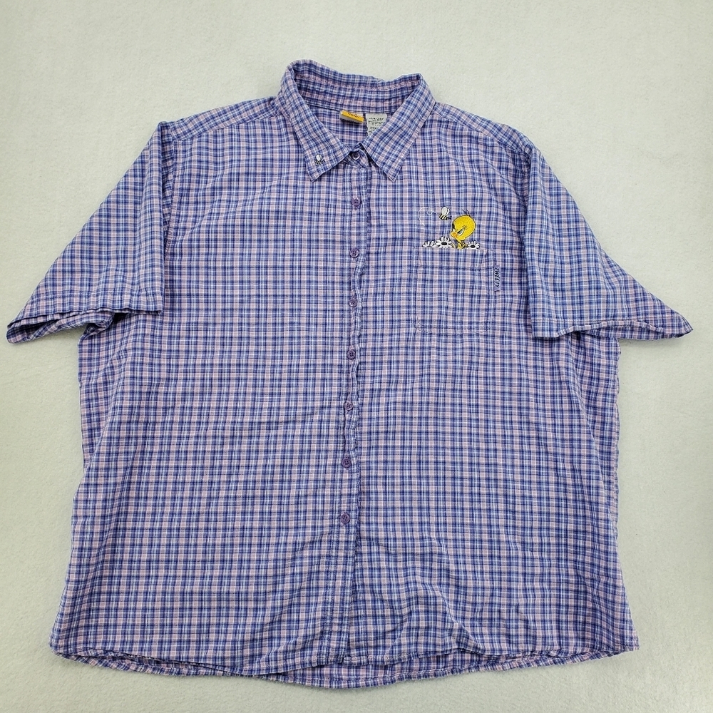 Vintage Looney Tunes Tweety Bird Embroidered Plaid Button Up Shirt Womens 26W